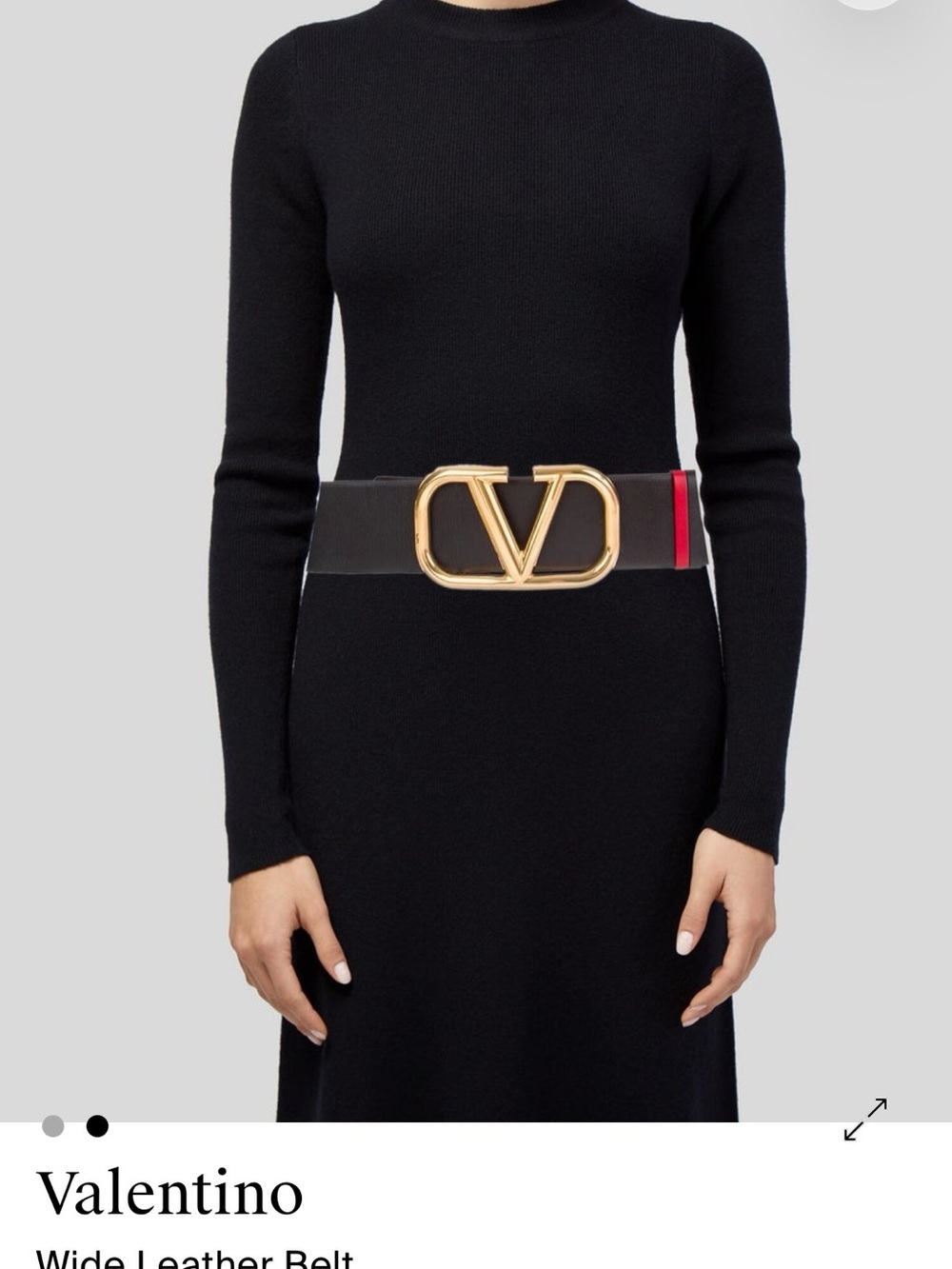 Valentino Black Leather Belt with Gold V Buckle and Red Stripe